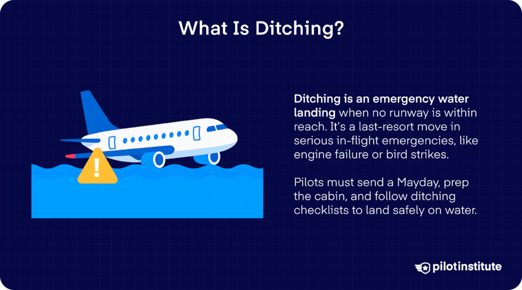 An airliner is floating in the water with an alert icon next to it. Text explains that ditching is an emergency water landing performed when no runway is available.