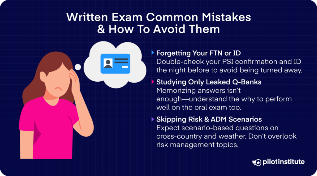 Graphic showing three common FAA written exam mistakes: forgetting FTN or ID, studying only leaked Q-banks, and skipping risk/ADM scenarios, with tips to avoid them.