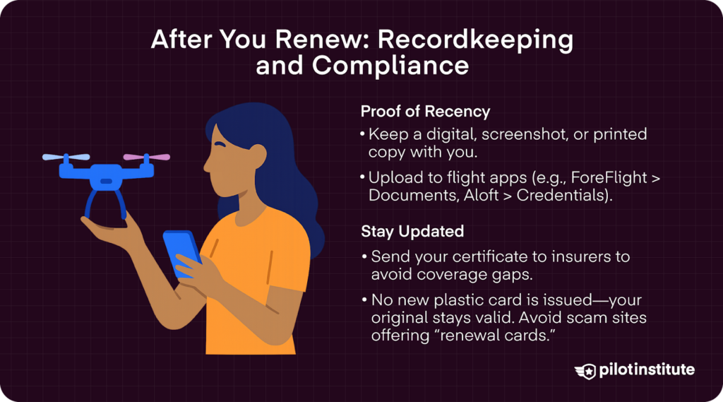 Illustration of a woman holding a phone and drone, with tips on recordkeeping after renewing a Part 107 certificate. Includes advice to keep digital or printed proof, upload to flight apps, notify insurers, and avoid scams offering fake renewal cards.