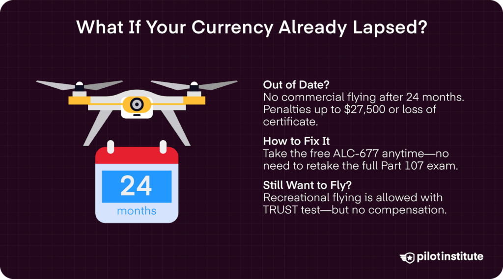 Graphic showing a drone above a calendar labeled “24 months,” explaining what happens if your Part 107 currency lapses. Includes warnings about penalties, instructions to take ALC-677 to regain currency, and notes that recreational flying is still allowed with a TRUST certificate but without pay.