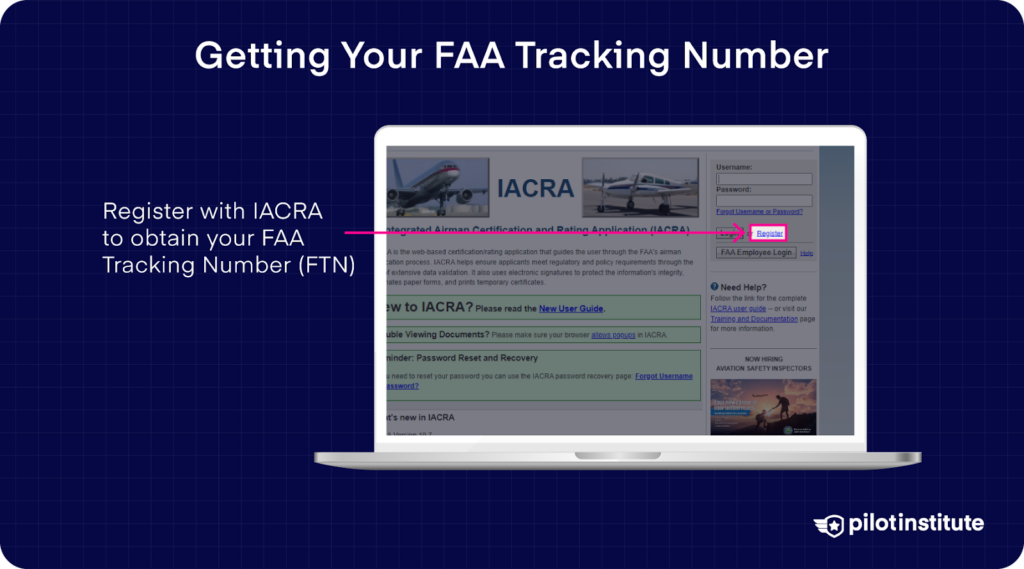 Laptop screen showing the IACRA registration page with instructions to register to obtain an FAA Tracking Number (FTN).