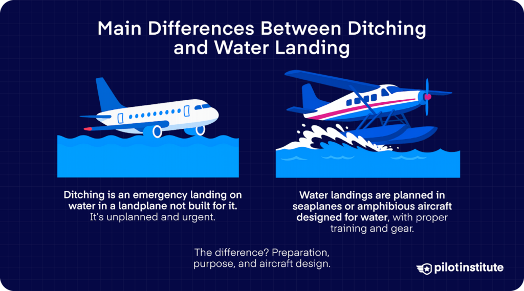 Side-by-side graphic showing a commercial airplane ditching in water versus a floatplane making a planned water landing. The text explains that ditching is an unplanned emergency landing in a landplane, while water landings are intentional and done in aircraft built for it. Key differences include preparation, purpose, and design.