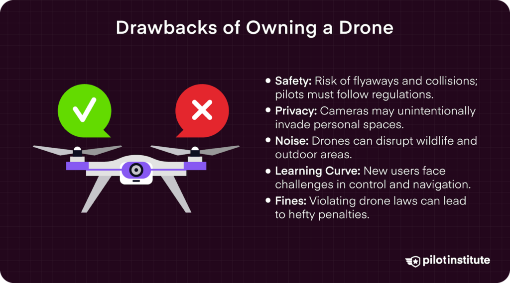 Illustration of a drone with a green checkmark and a red X, accompanied by a list of drawbacks of drone ownership, including safety risks, privacy issues, noise, learning challenges, and legal fines.
