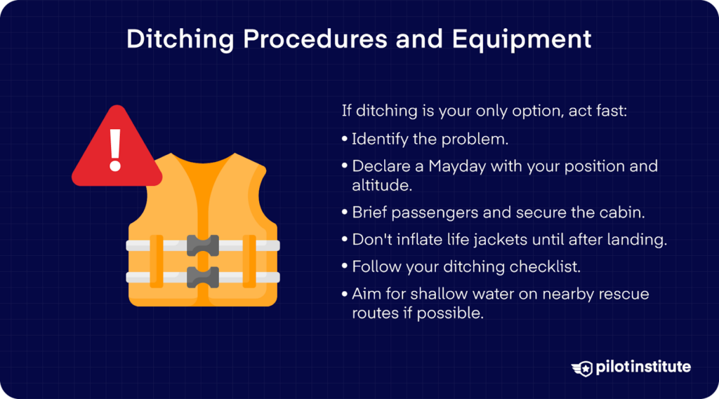 Graphic showing a life vest and emergency icon next to a list of ditching procedures, including declaring a Mayday, briefing passengers, not inflating life jackets before landing, and aiming for shallow water.