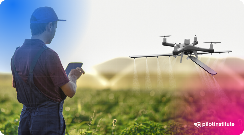 A farmer uses a tablet to monitor an agricultural drone spraying crops in a field at sunrise.