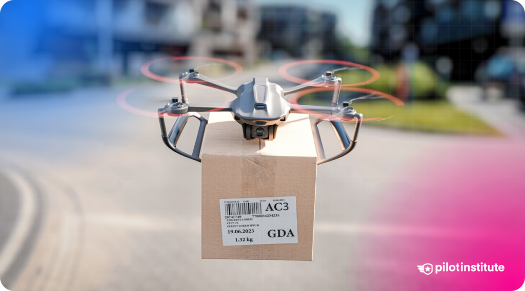 A delivery drone carrying a package in an urban setting, with spinning propellers indicating motion.