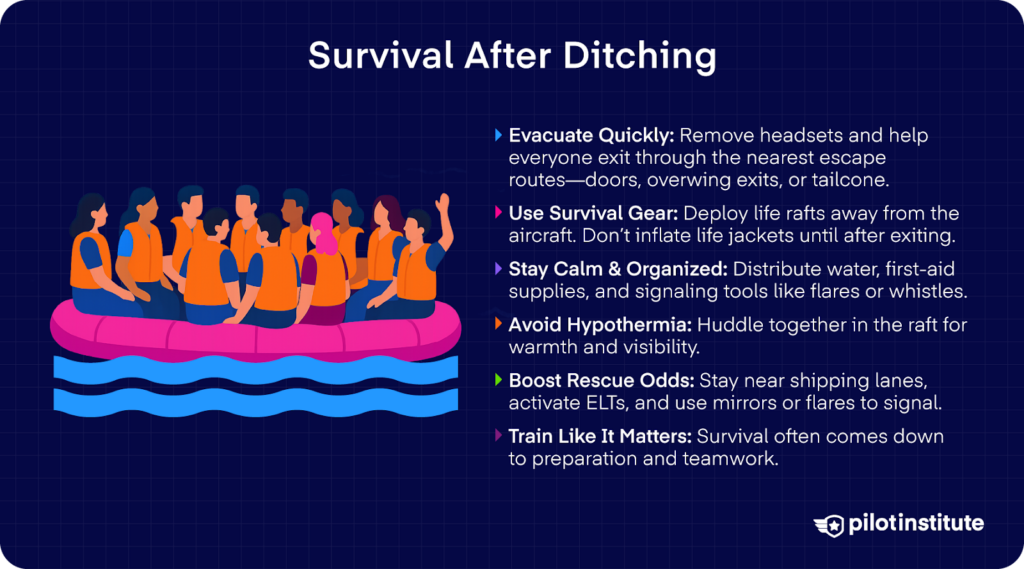 Illustration of people in an inflatable life raft at sea with survival tips after ditching listed beside it, including evacuation, gear use, staying calm, avoiding hypothermia, boosting rescue odds, and the importance of training.