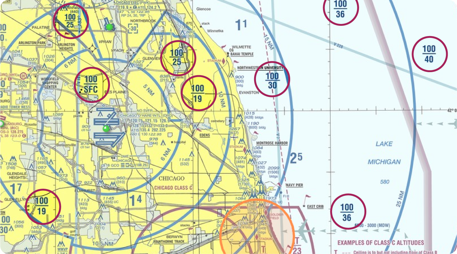 A sectional chart displaying Class B airspace floor and ceiling altitudes.
